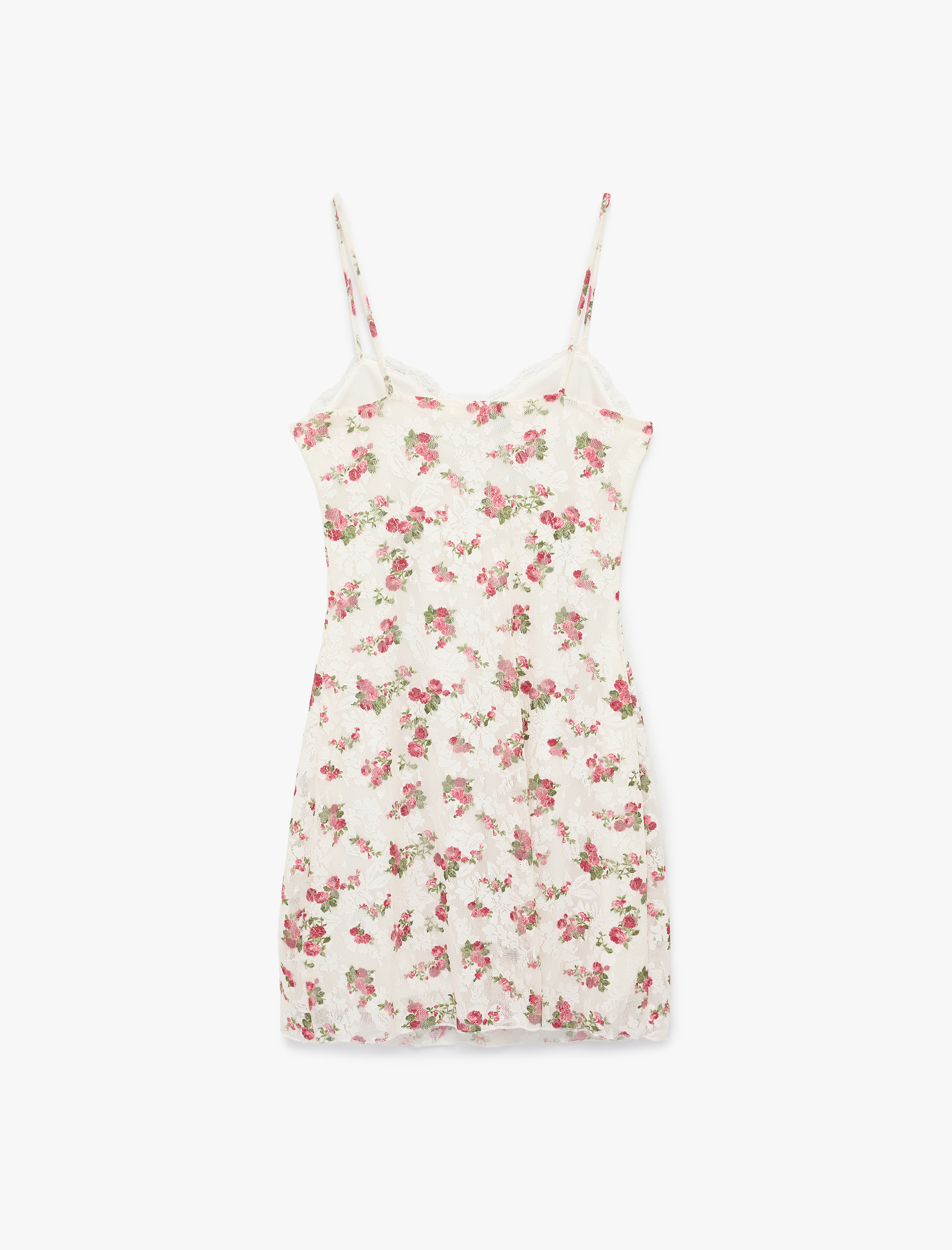   Rahat Kalıp İp Askılı A Kesim Çiçekli Dantelli Mini Elbise