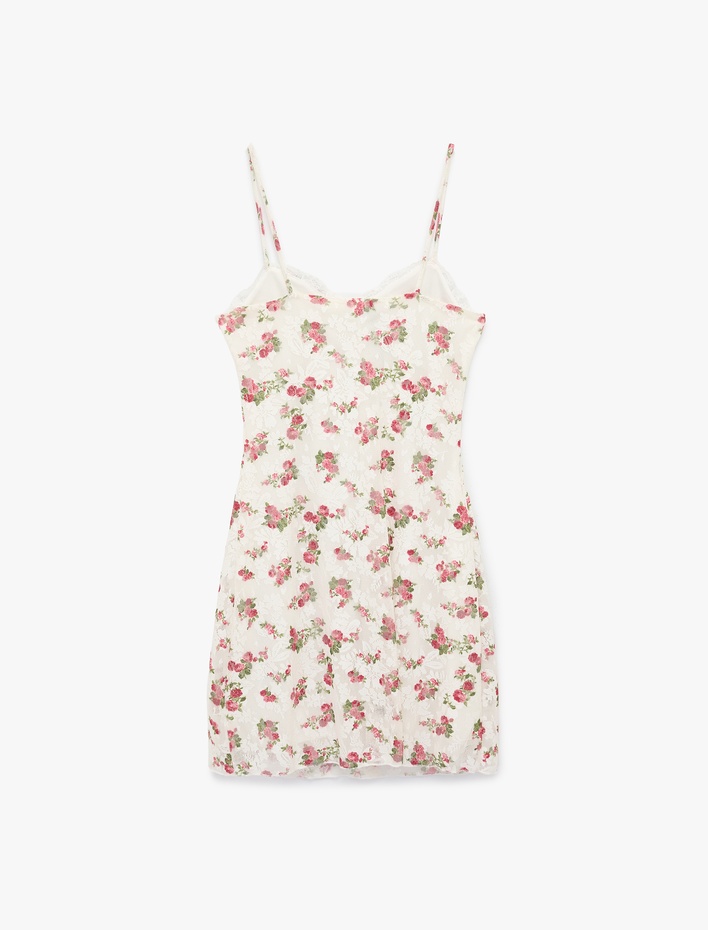  Rahat Kalıp İp Askılı A Kesim Çiçekli Dantelli Mini Elbise