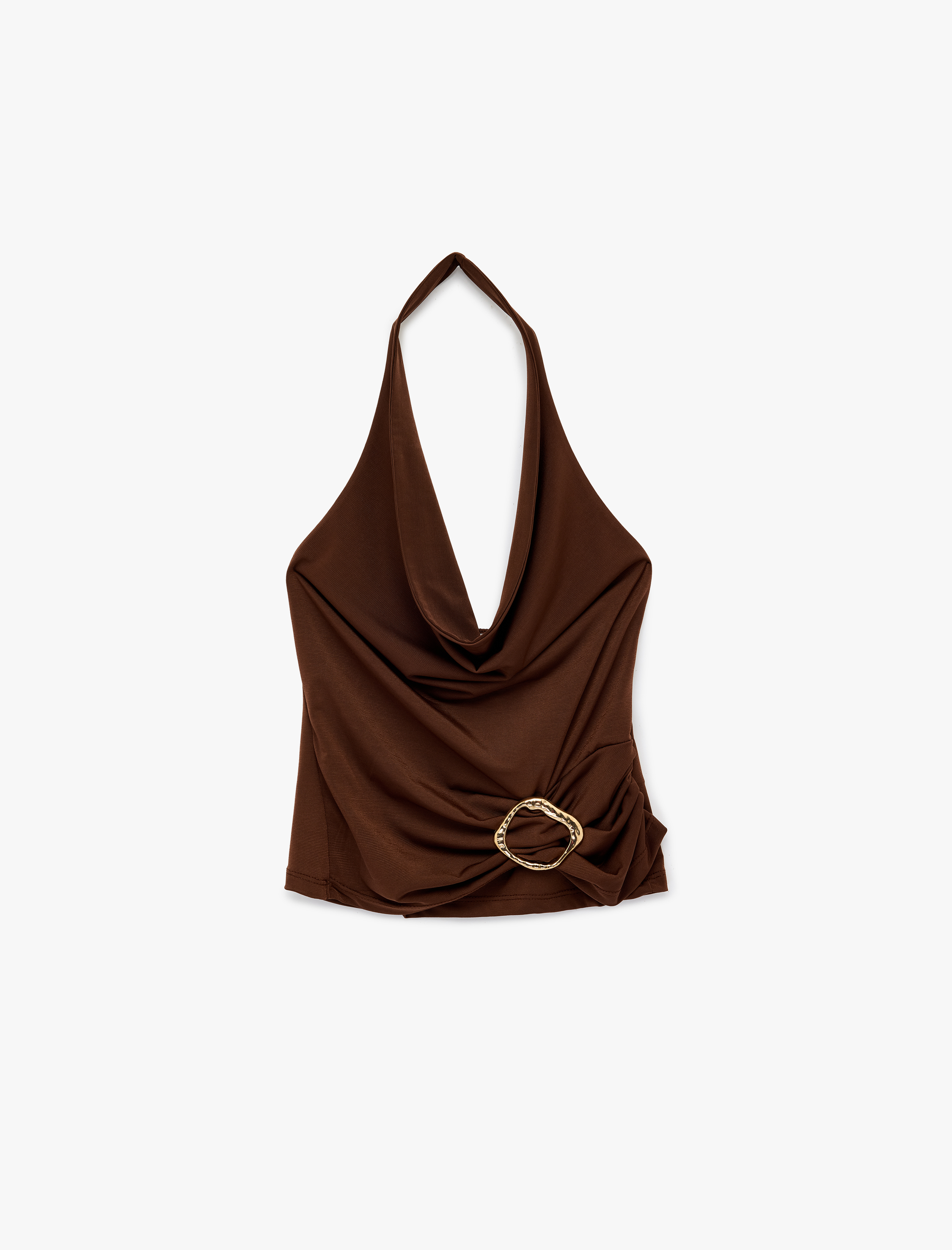   Metal Aksesuarlı Kolsuz Drapeli Degaje Yaka Bluz