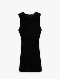 Sandy Kumaş Kolsuz Bisiklet Yaka Drapeli Mini Elbise