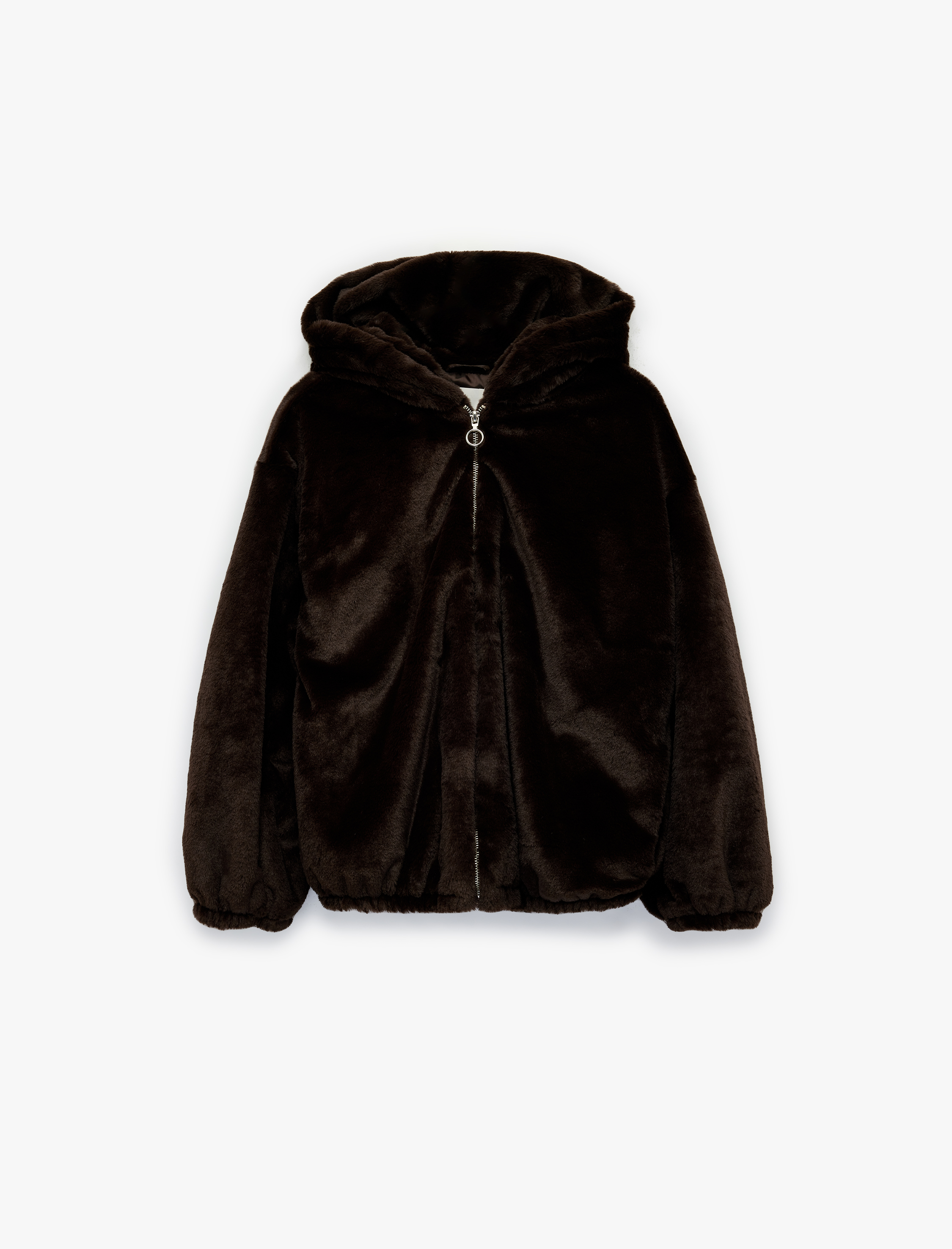   Kapüşonlu Fermuarlı Suni Kürk Ceket