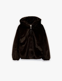 Kapüşonlu Fermuarlı Suni Kürk Ceket