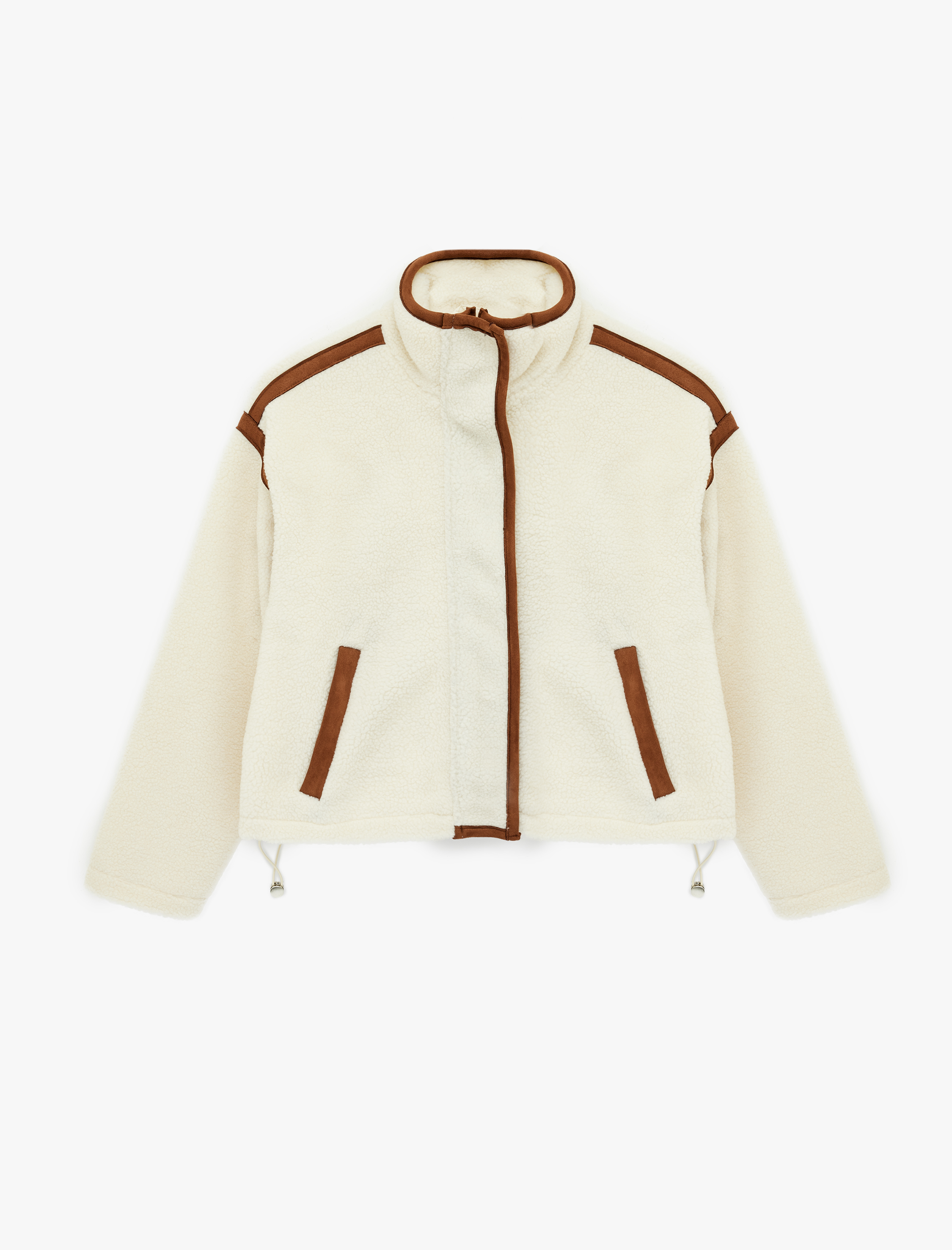   Dik Yaka Cep Detaylı Fermuarlı Oversize Peluş Ceket