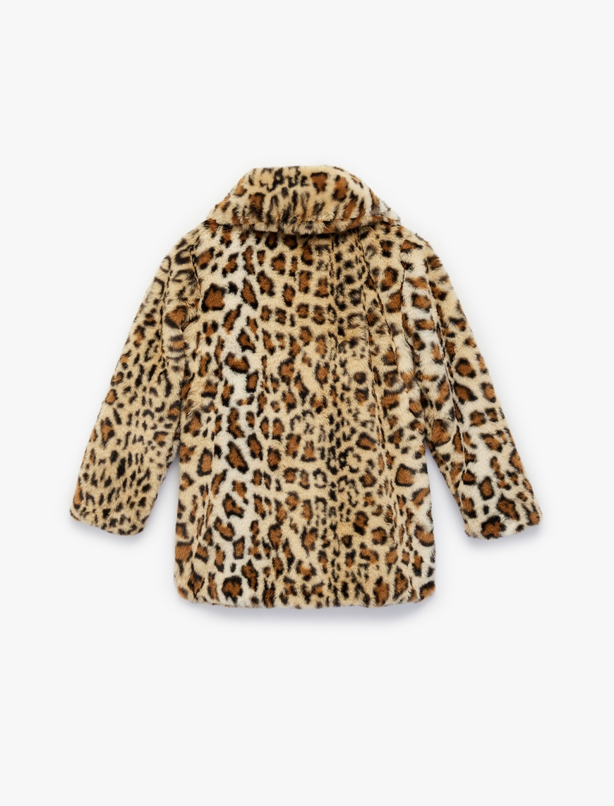 achan　0605 Ekru Kız Çocuk Uzun Kollu Bebe Yaka Leoparlı Peluş Kaban