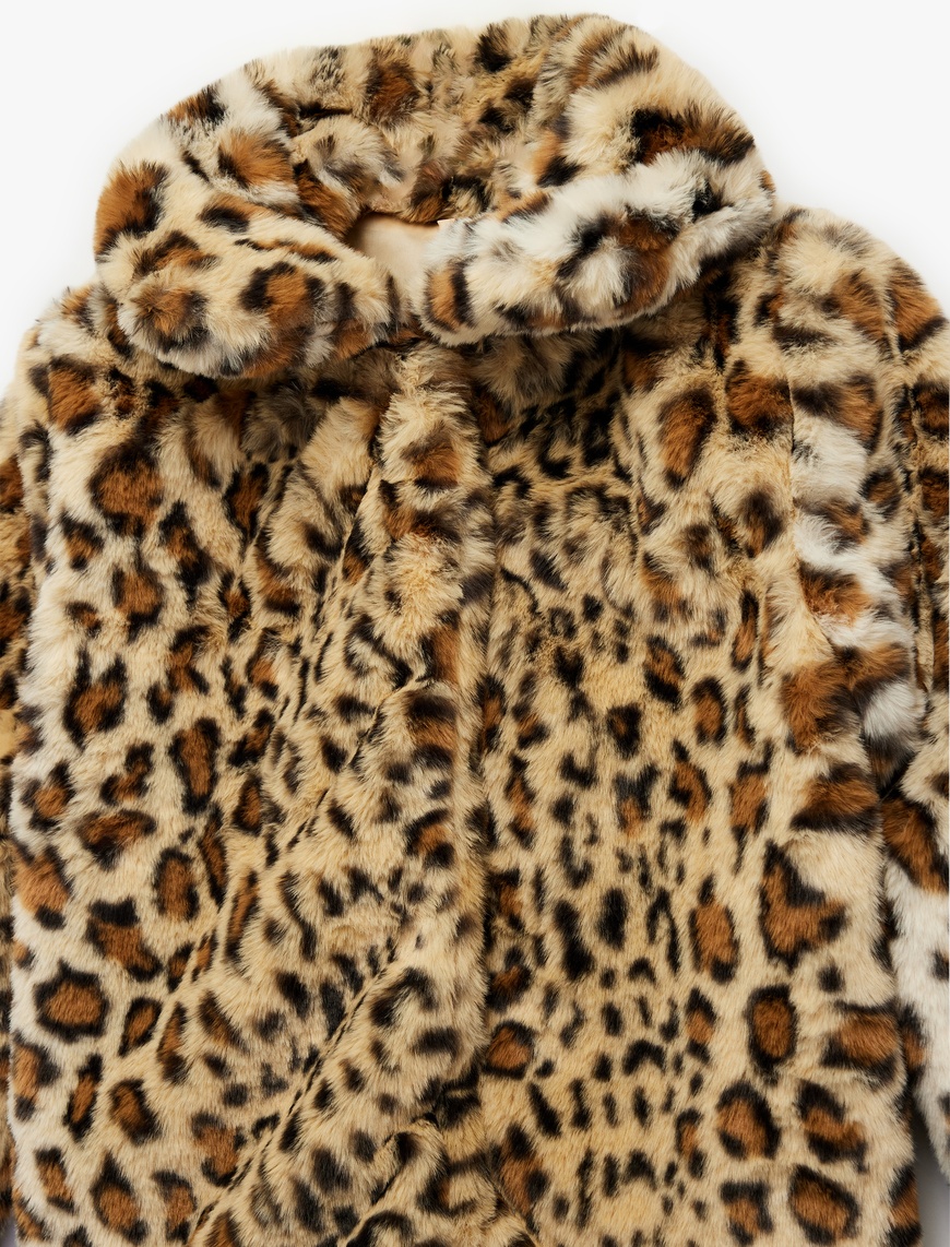 Ekru Kız Çocuk Uzun Kollu Bebe Yaka Leoparlı Peluş Kaban