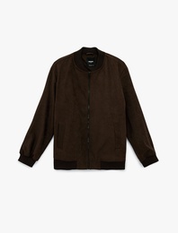 Regular Fit Uzun Kollu Cepli Kolej Yaka Fermuarlı Suni Süet Bomber Ceket