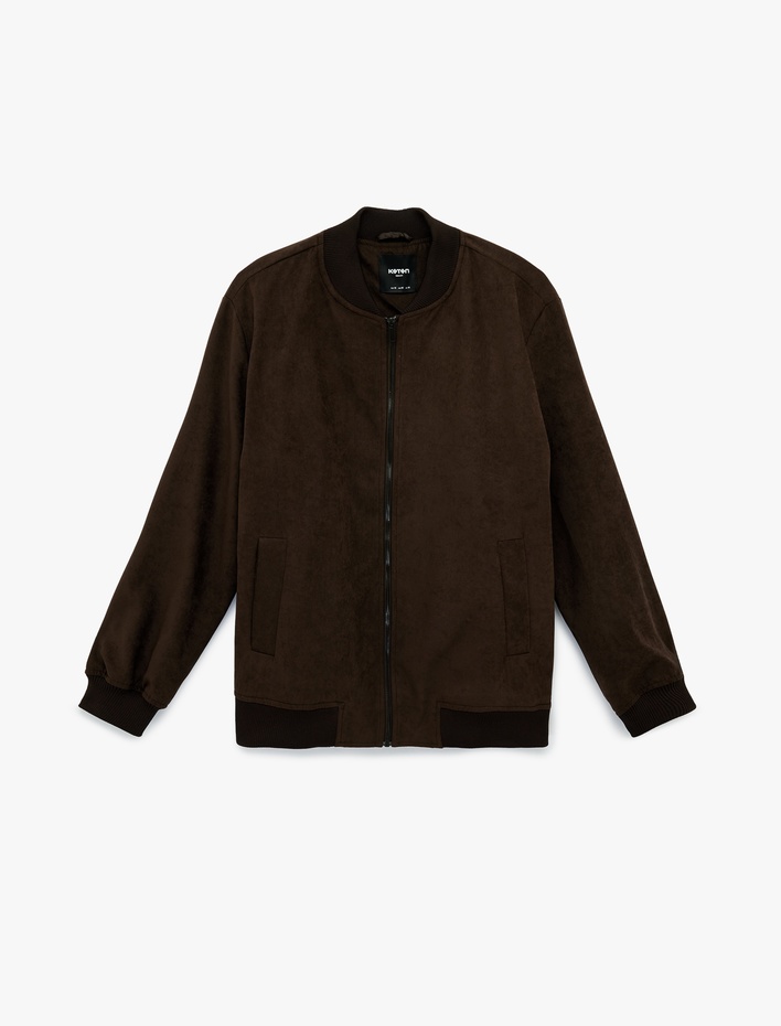  Regular Fit Uzun Kollu Cepli Kolej Yaka Fermuarlı Suni Süet Bomber Ceket