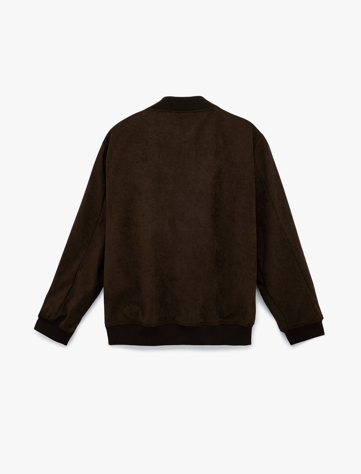  Regular Fit Uzun Kollu Cepli Kolej Yaka Fermuarlı Suni Süet Bomber Ceket