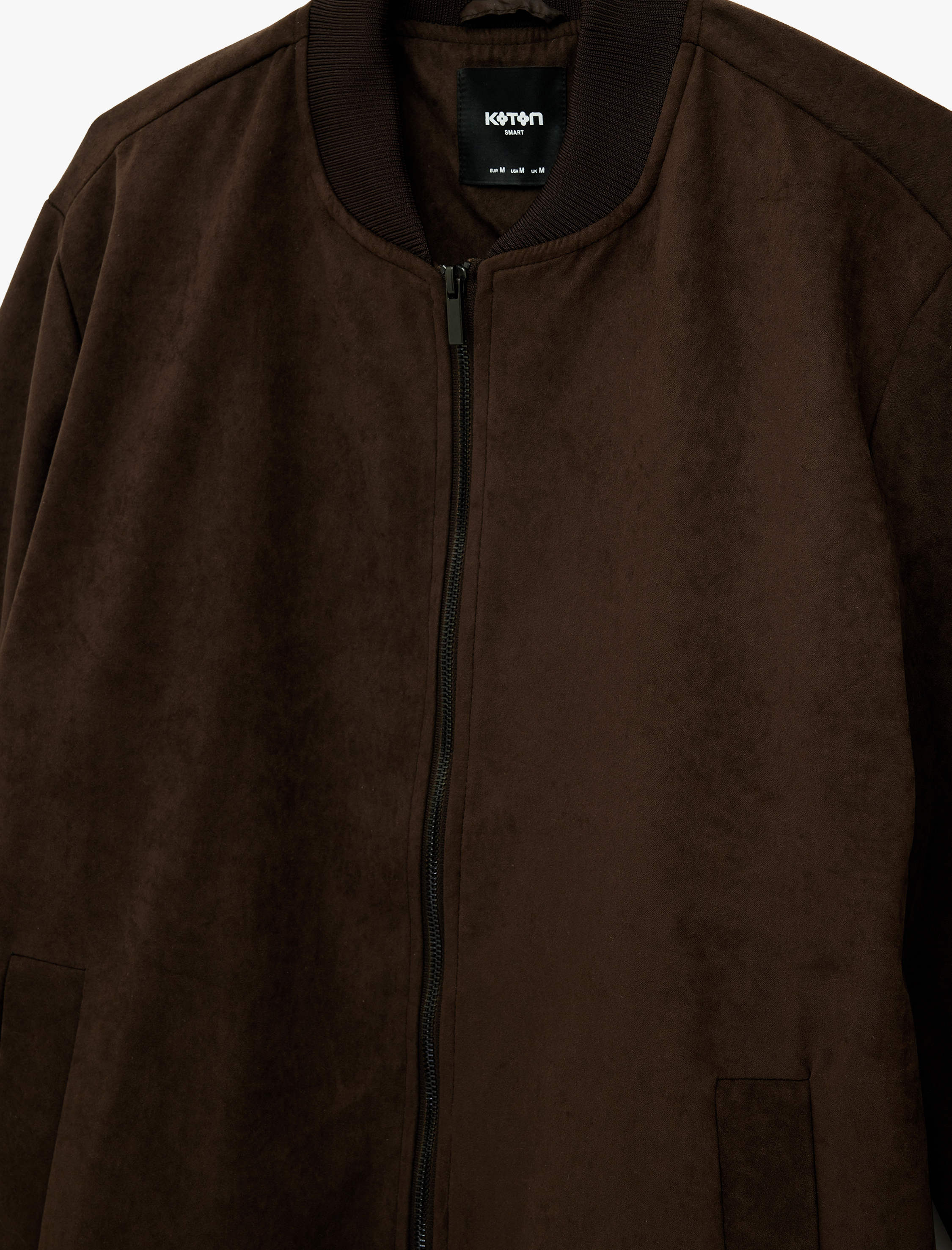   Regular Fit Uzun Kollu Cepli Kolej Yaka Fermuarlı Suni Süet Bomber Ceket