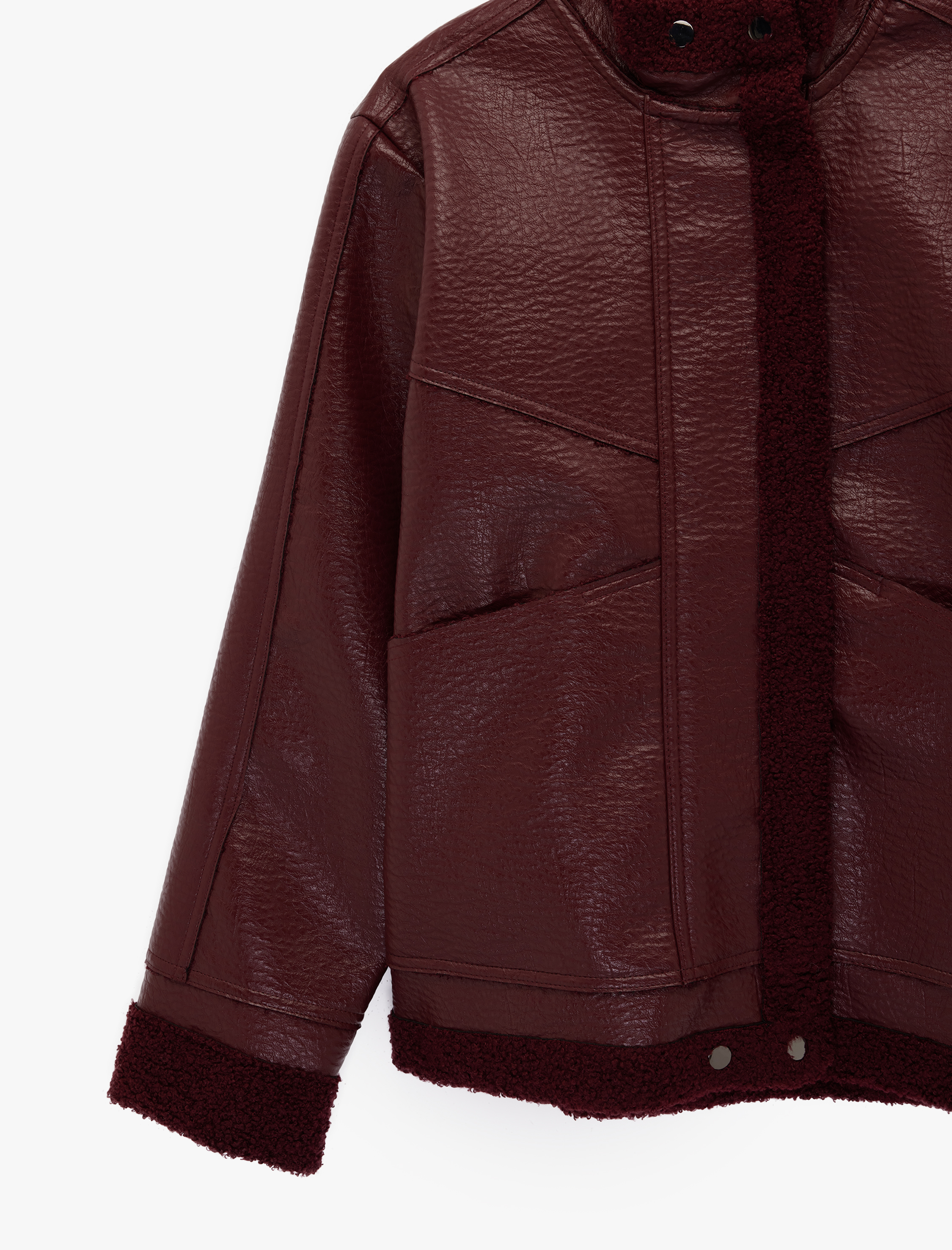   Peluş Astarlı Dik Yaka Çıtçıt Düğmeli Fermuarlı Suni Deri Ceket