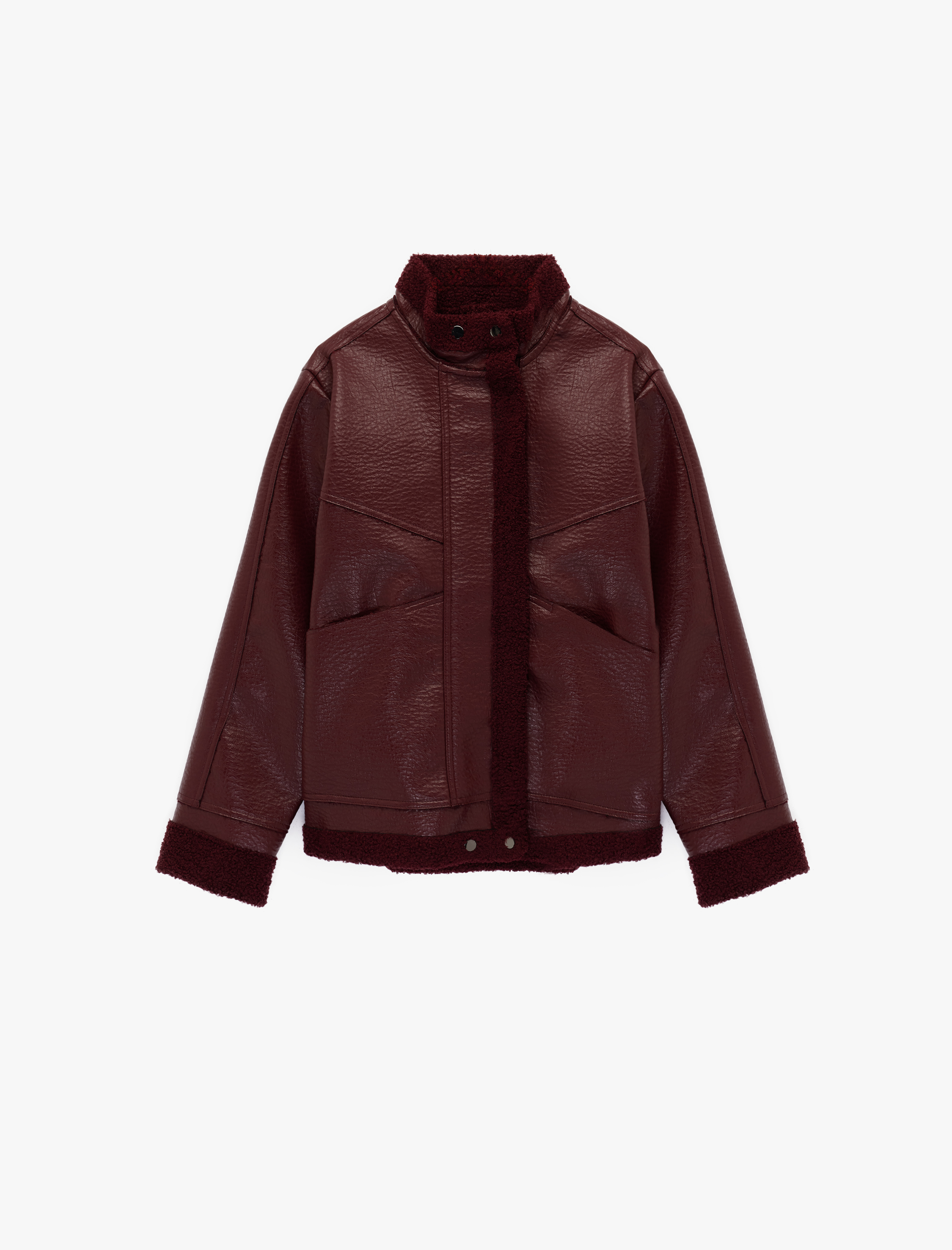   Peluş Astarlı Dik Yaka Çıtçıt Düğmeli Fermuarlı Suni Deri Ceket