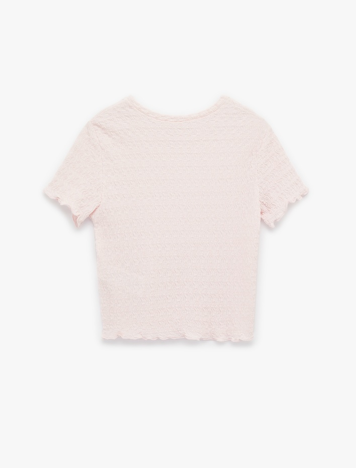  Slim Fit Kısa Kollu Dokulu Bisiklet Yaka Crop Tişört