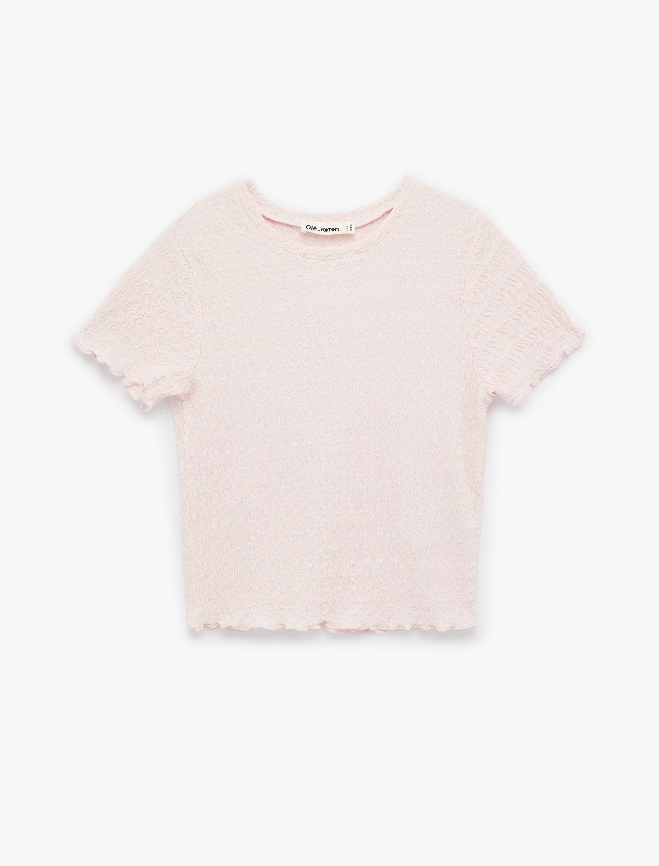   Slim Fit Kısa Kollu Dokulu Bisiklet Yaka Crop Tişört