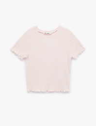 Slim Fit Kısa Kollu Dokulu Bisiklet Yaka Crop Tişört