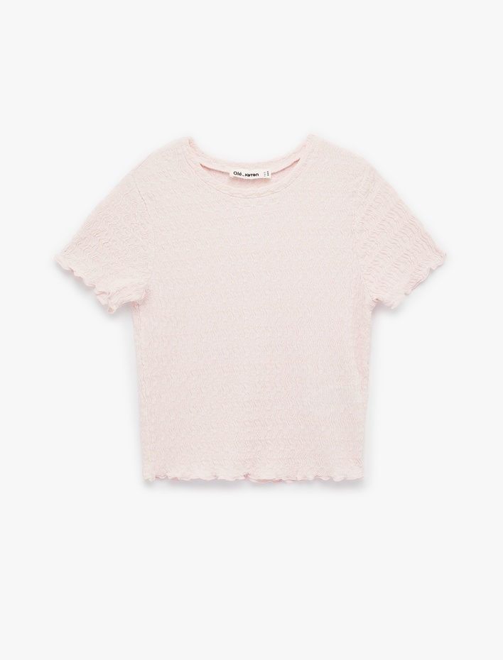  Slim Fit Kısa Kollu Dokulu Bisiklet Yaka Crop Tişört