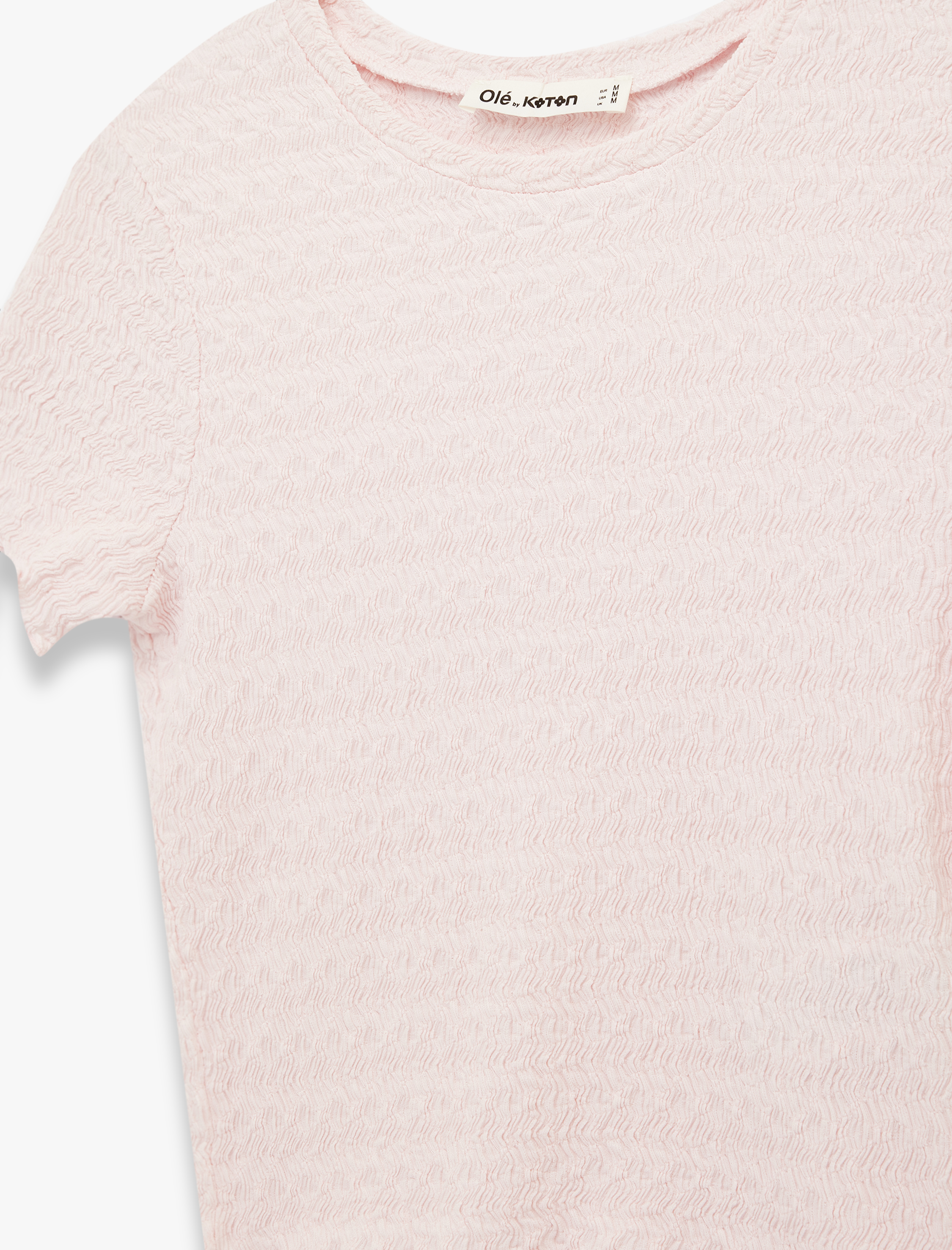   Slim Fit Kısa Kollu Dokulu Bisiklet Yaka Crop Tişört