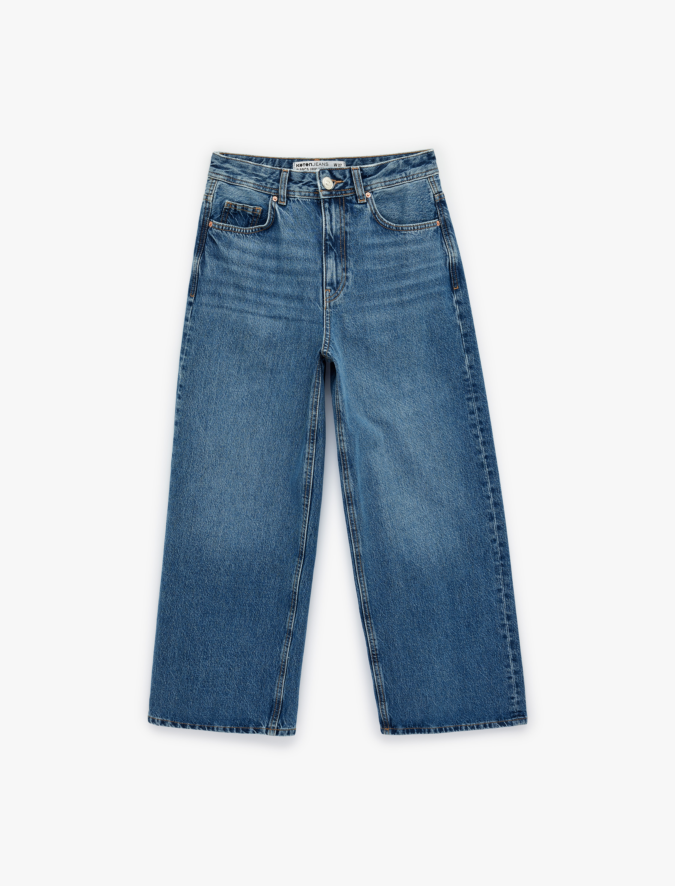   Kısa Geniş Paça Pamuklu Regular Fit Denim Pantolon -  Crop Wide Leg Jeans