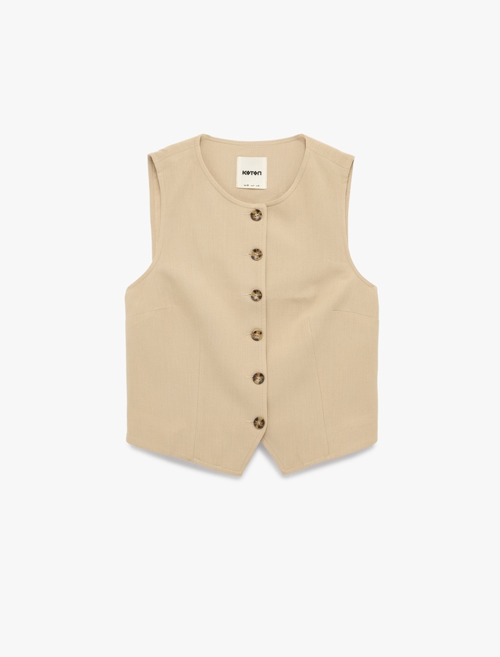  Keten Görünümlü Bisiklet Yaka Düğmeli Slim Fit Blazer Yelek