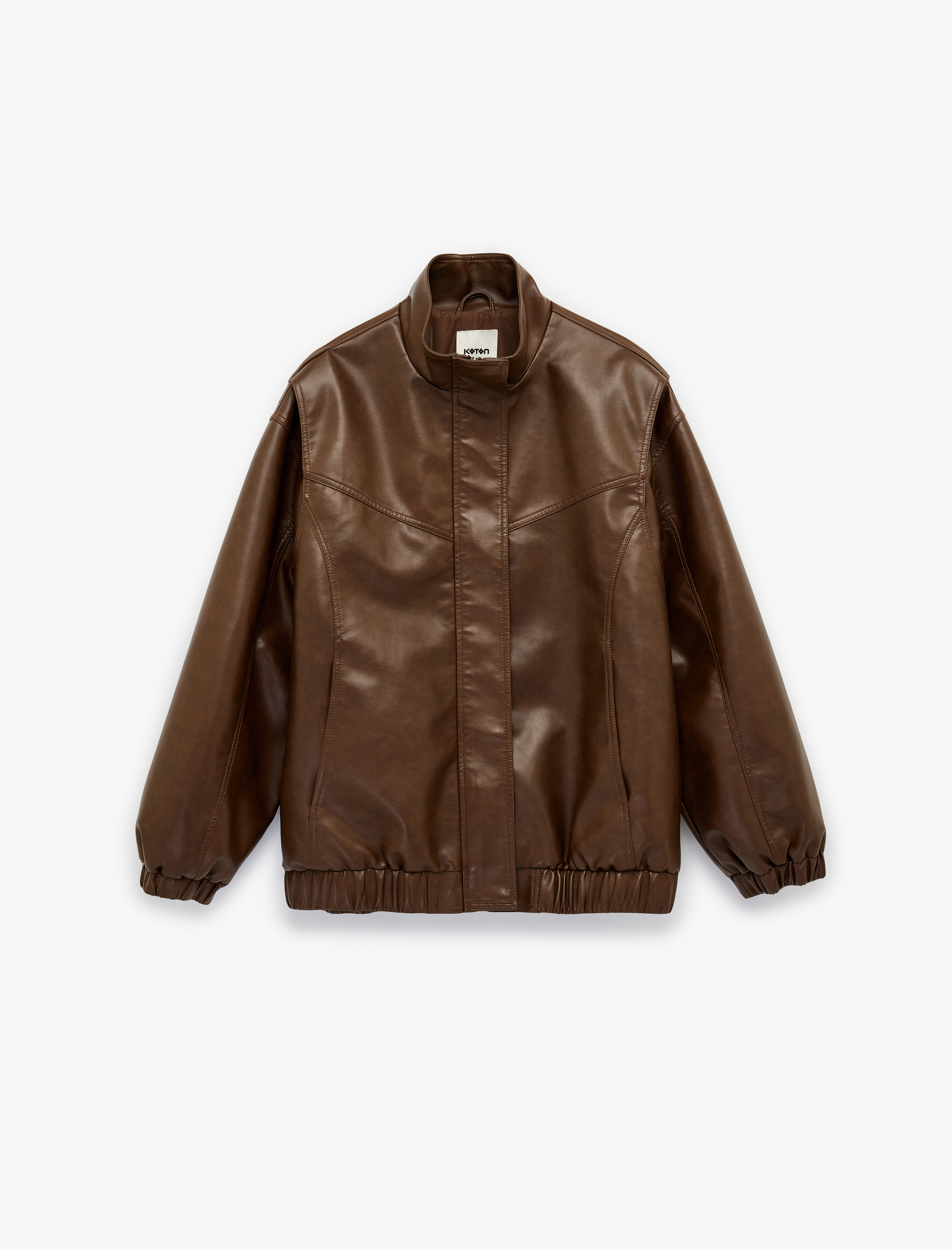   Cepli Uzun Kollu Fermuarlı Dik Yaka Oversize Suni Deri Ceket