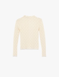 Slim Fit Dik Yaka Uzun Kollu Dantel Tişört