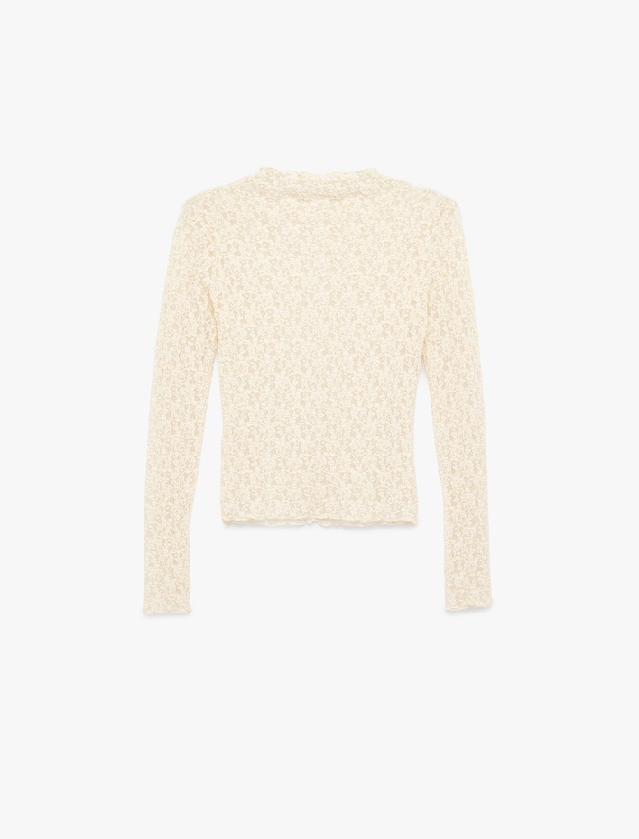  Slim Fit Dik Yaka Uzun Kollu Dantel Tişört