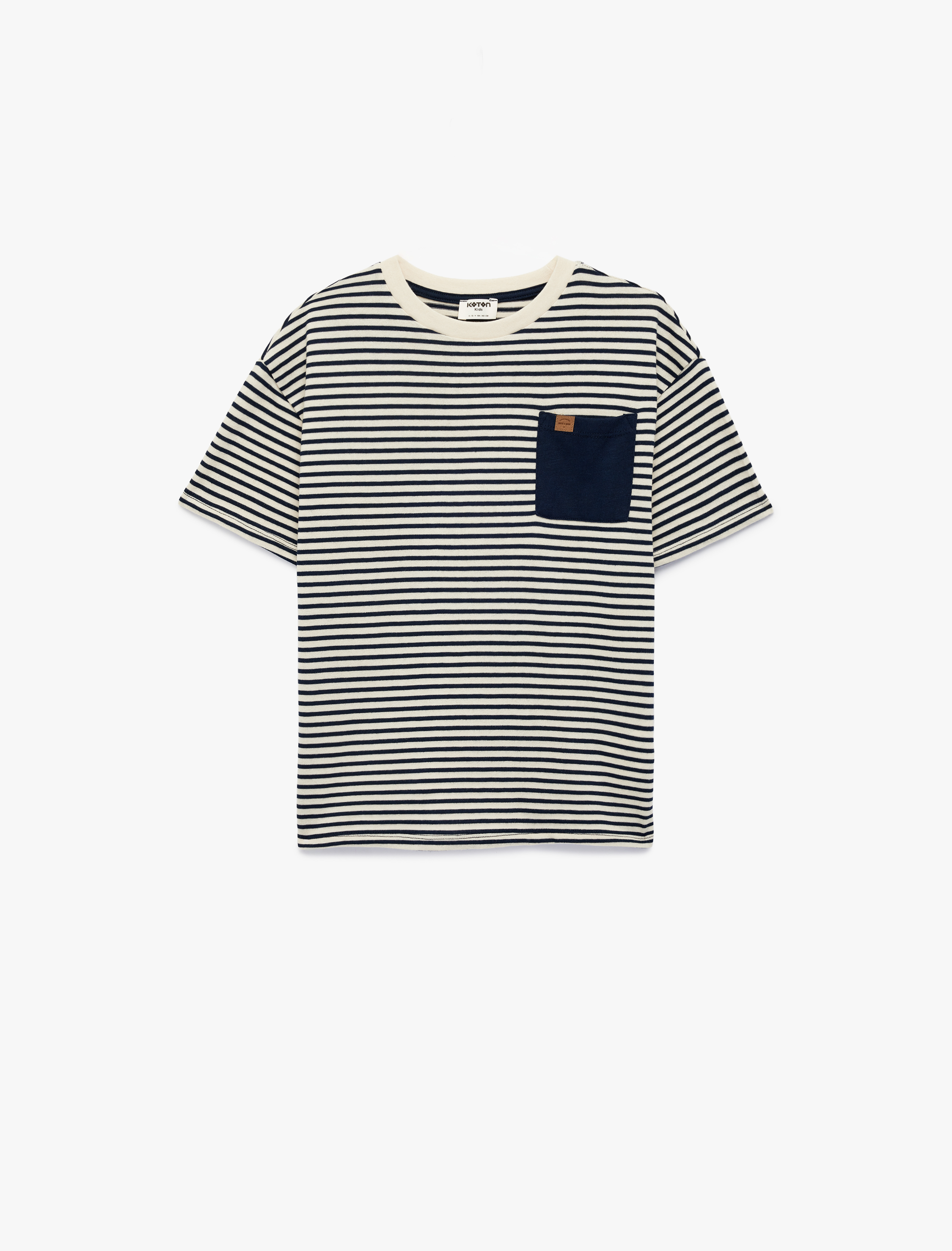  Erkek Çocuk Kısa Kollu Bisiklet Yaka Cep Detaylı Oversize Çizgili Tişört