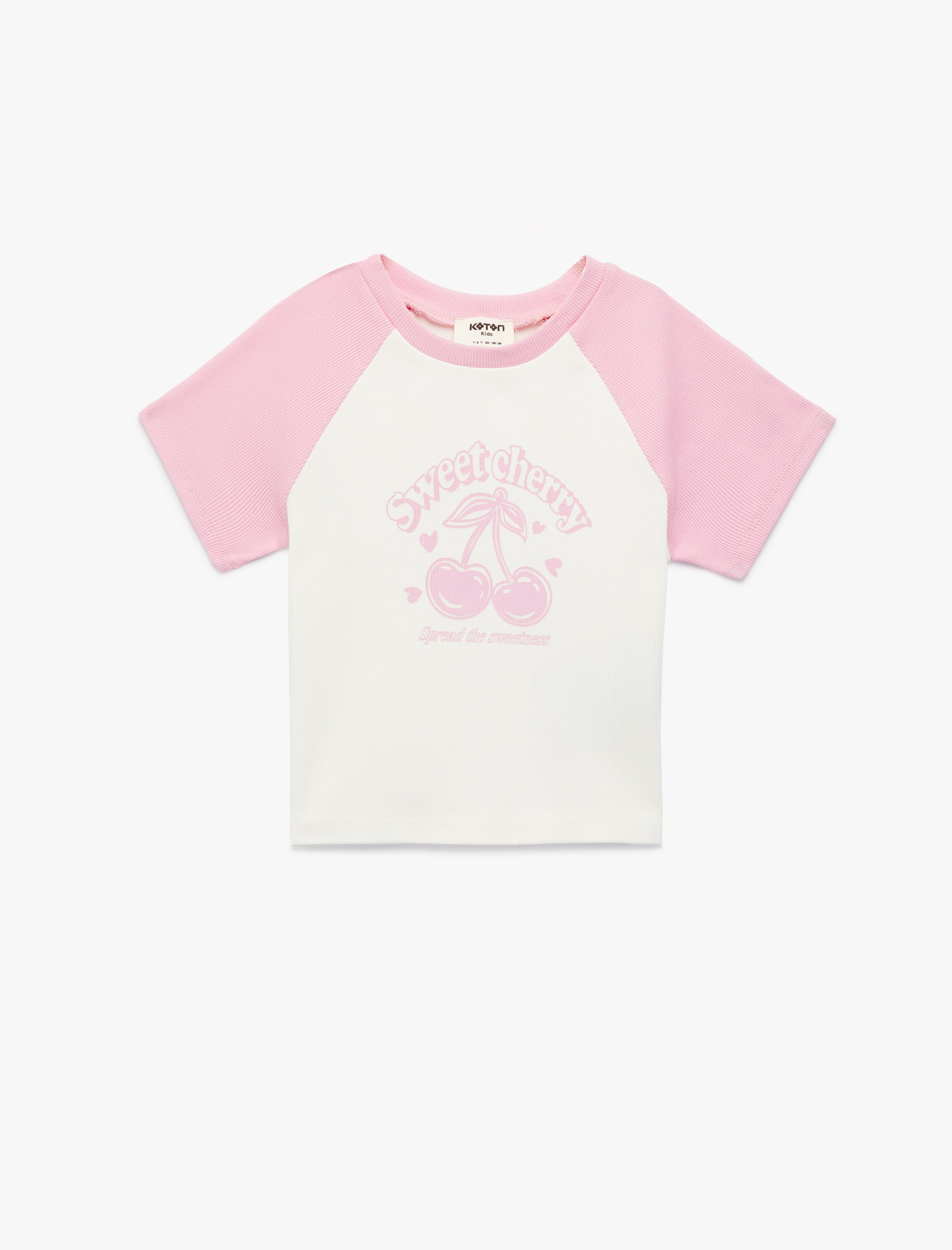  Kız Çocuk Pamuklu Kısa Kollu Bisiklet Yaka Kiraz Baskılı Tişört
