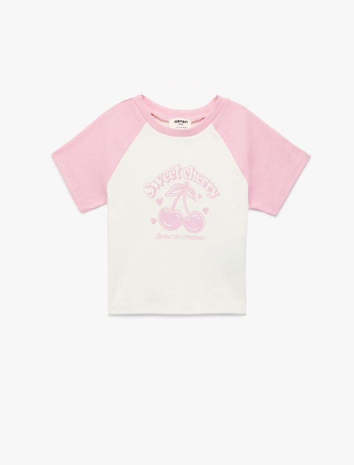 Kız Çocuk Pamuklu Kısa Kollu Bisiklet Yaka Kiraz Baskılı Tişört