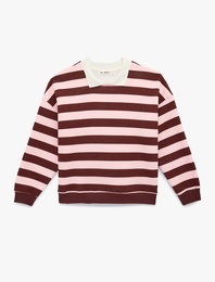 Rahat Kalıp Uzun Kollu Polo Yaka Çizgili Sweatshirt