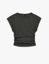 Bürümcük Kumaş Slim Fit Drapeli Kısa Kollu Bisiklet Yaka Tişört