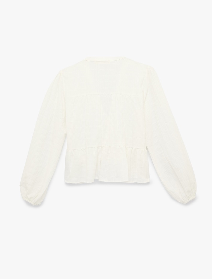  Bağcıklı Yaka Düğmeli Uzun Balon Kollu Gömlek