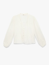 Bağcıklı Yaka Düğmeli Uzun Balon Kollu Gömlek