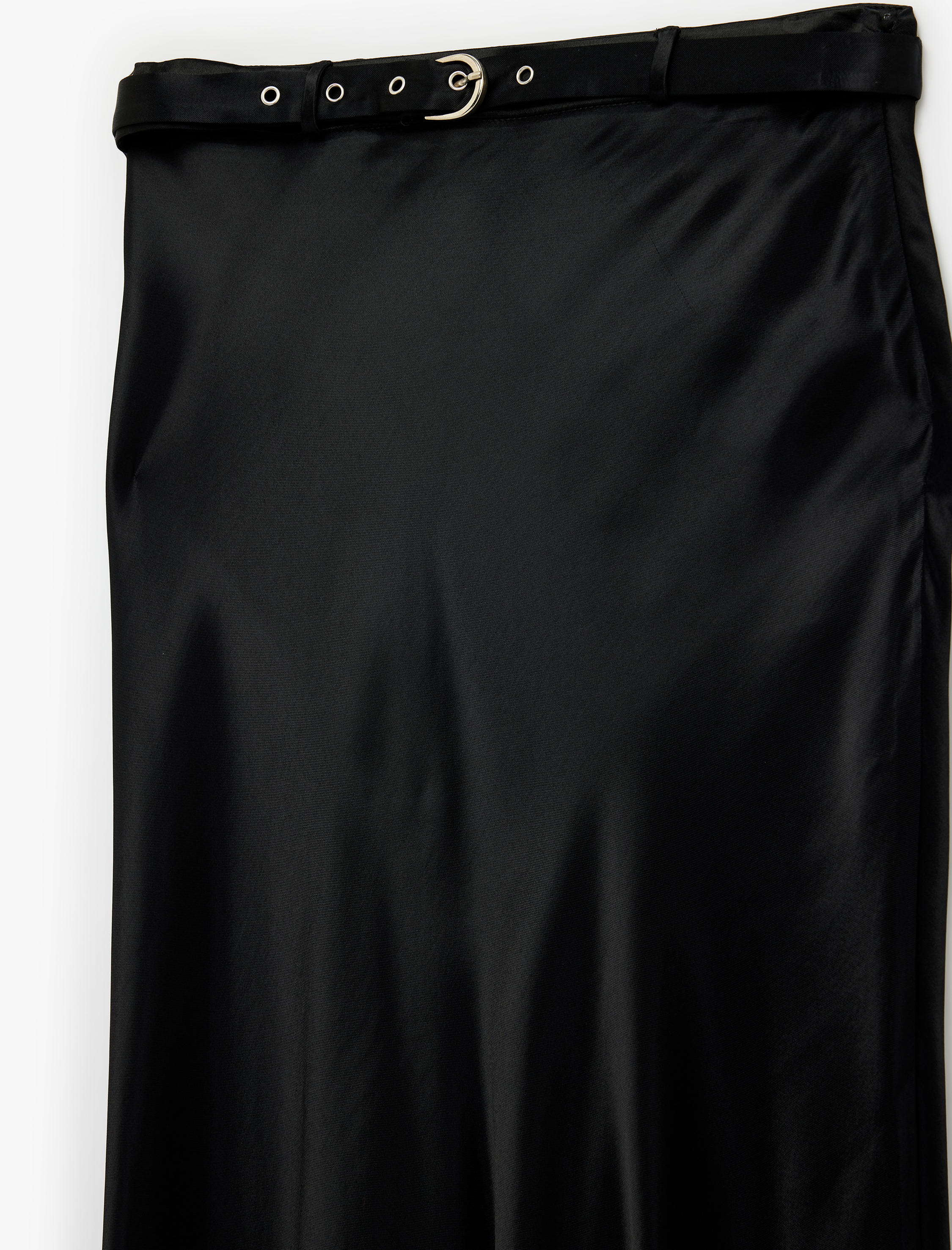   Viskon Kumaş Kemerli Midi Boy Saten Çan Etek