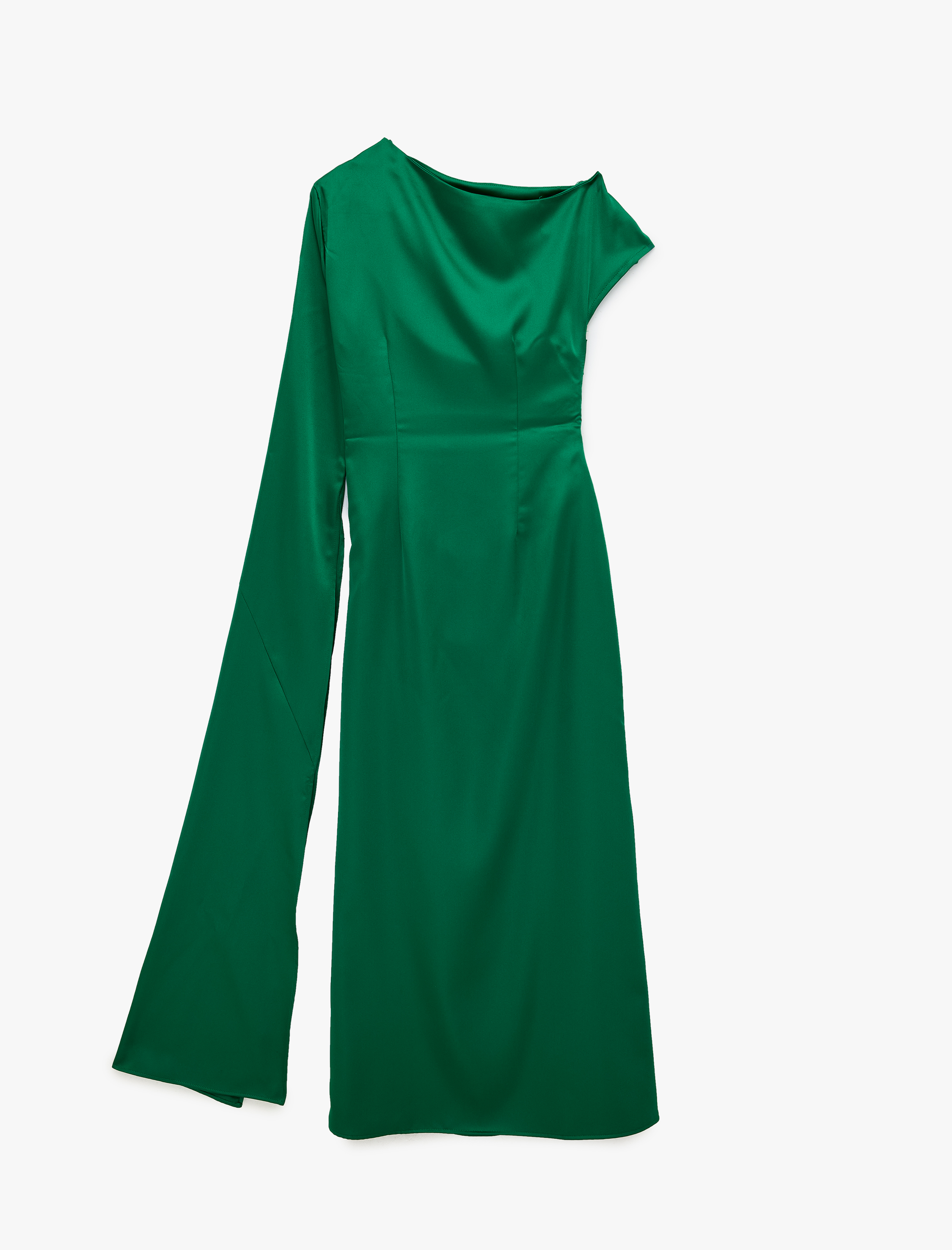   Kayık Yaka Tek Yarasa Kol Drapeli Uzun Abiye Elbise