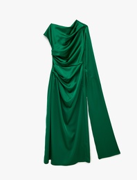 Kayık Yaka Tek Yarasa Kol Drapeli Uzun Abiye Elbise