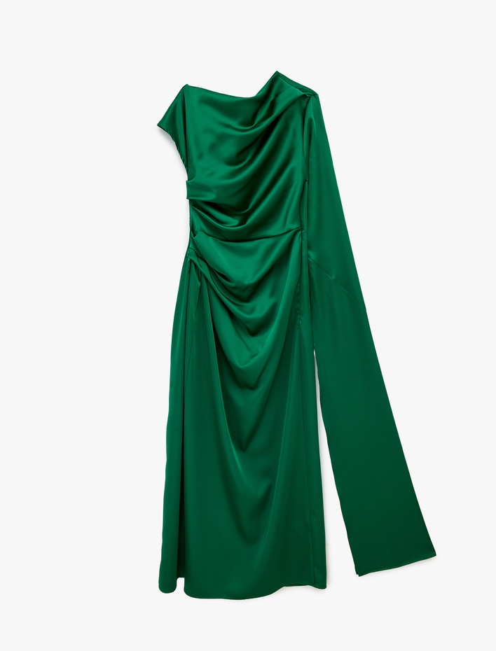  Kayık Yaka Tek Yarasa Kol Drapeli Uzun Abiye Elbise