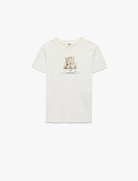 Kedi Baskılı Bisiklet Yaka Kısa Kollu Tişört