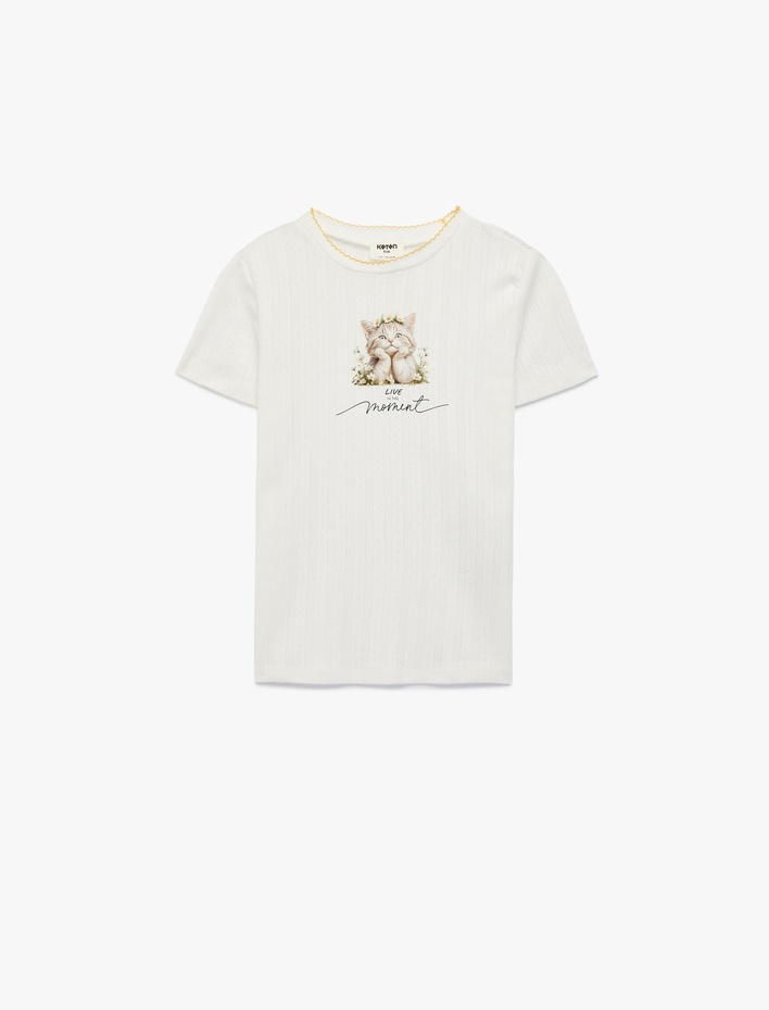 Kız Çocuk Kedi Baskılı Bisiklet Yaka Kısa Kollu Tişört