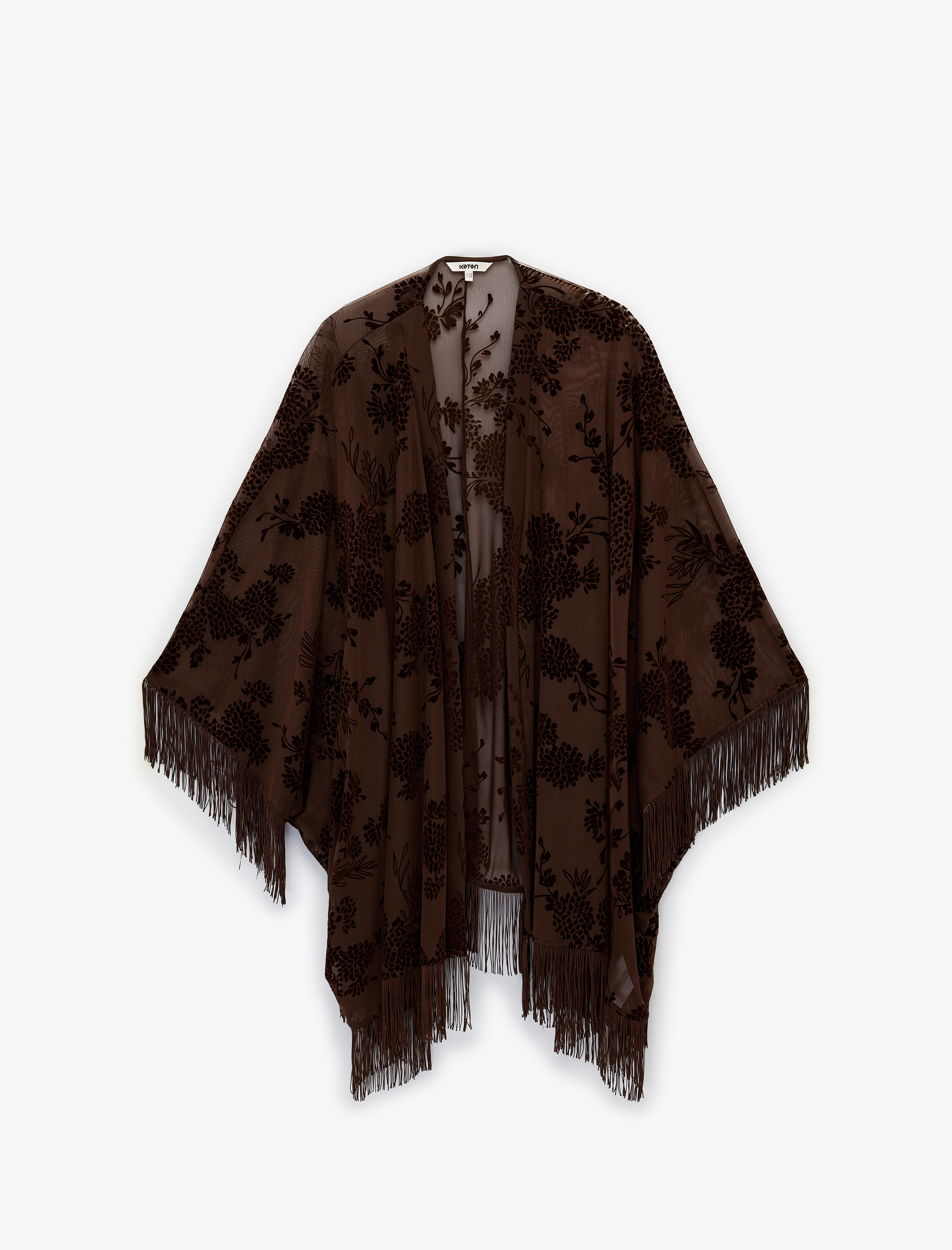   Püsküllü Uzun Yarasa Kollu Floral Desenli Transparan Tül Panço