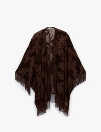 Püsküllü Uzun Yarasa Kollu Floral Desenli Transparan Tül Panço