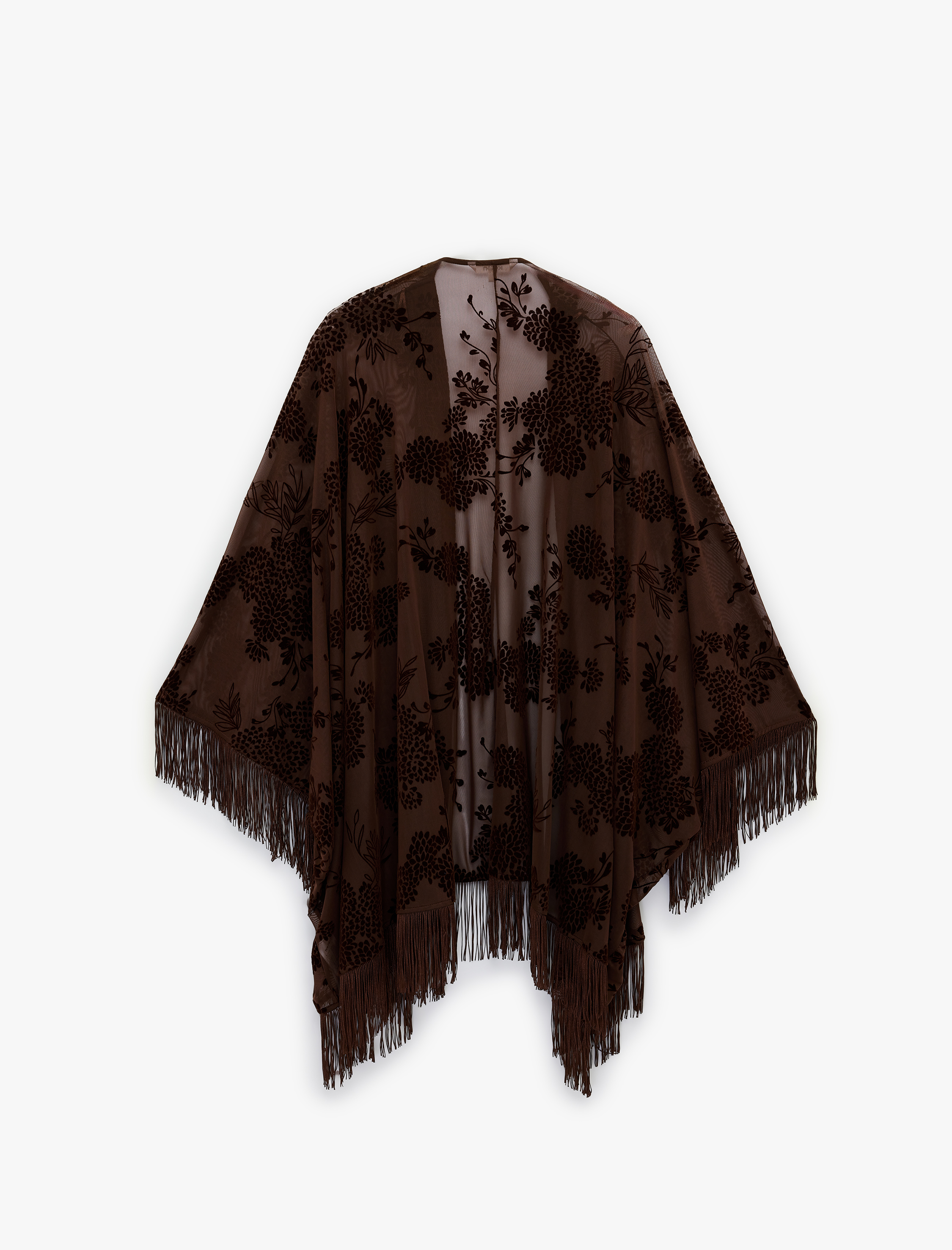   Püsküllü Uzun Yarasa Kollu Floral Desenli Transparan Tül Panço