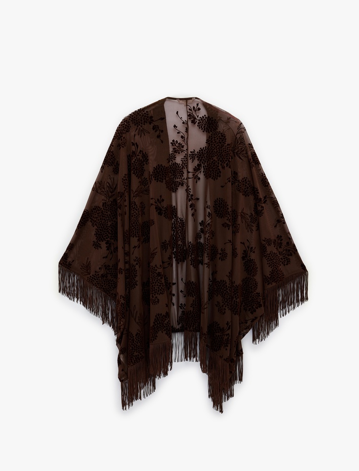  Püsküllü Uzun Yarasa Kollu Floral Desenli Transparan Tül Panço