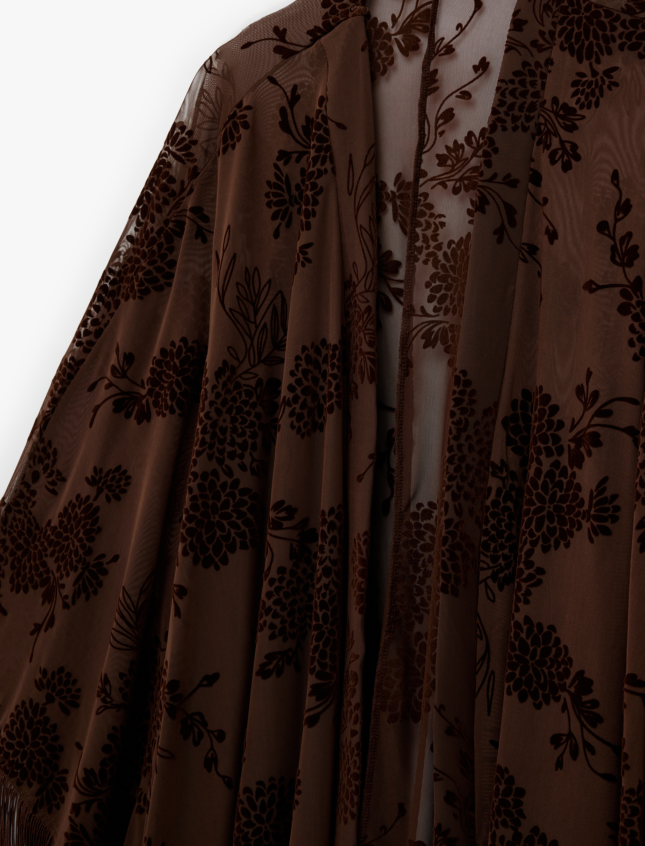   Püsküllü Uzun Yarasa Kollu Floral Desenli Transparan Tül Panço