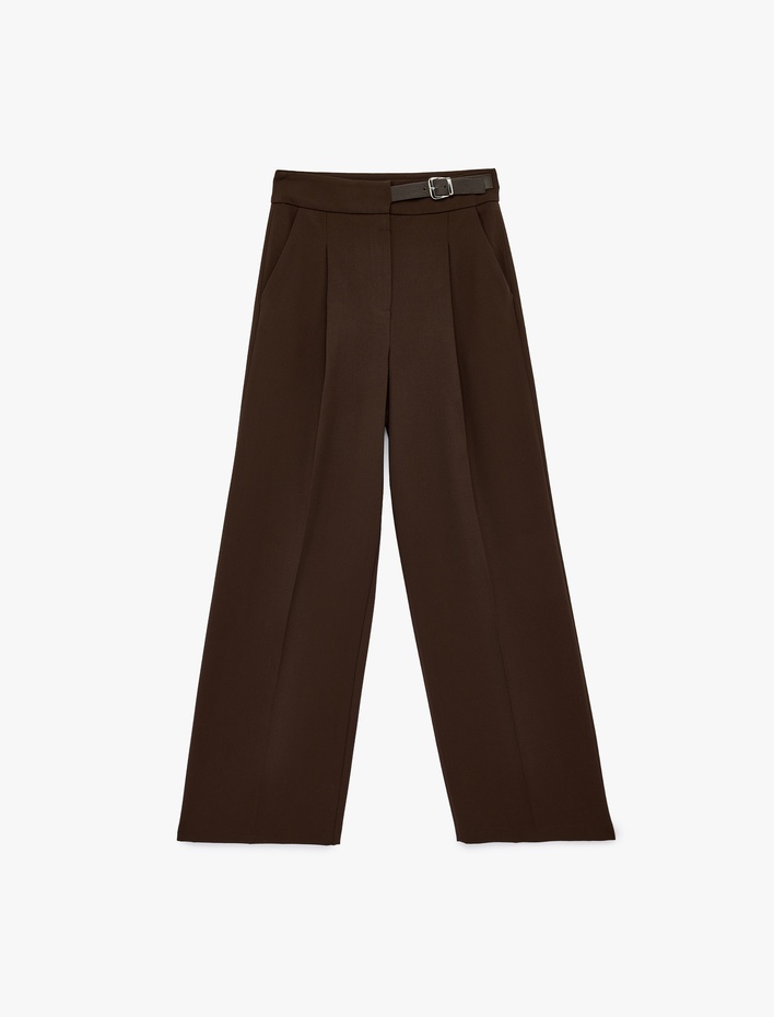  Yarım Kemer Detaylı Pileli Cepli Bol Paça Uzun Kumaş Pantolon