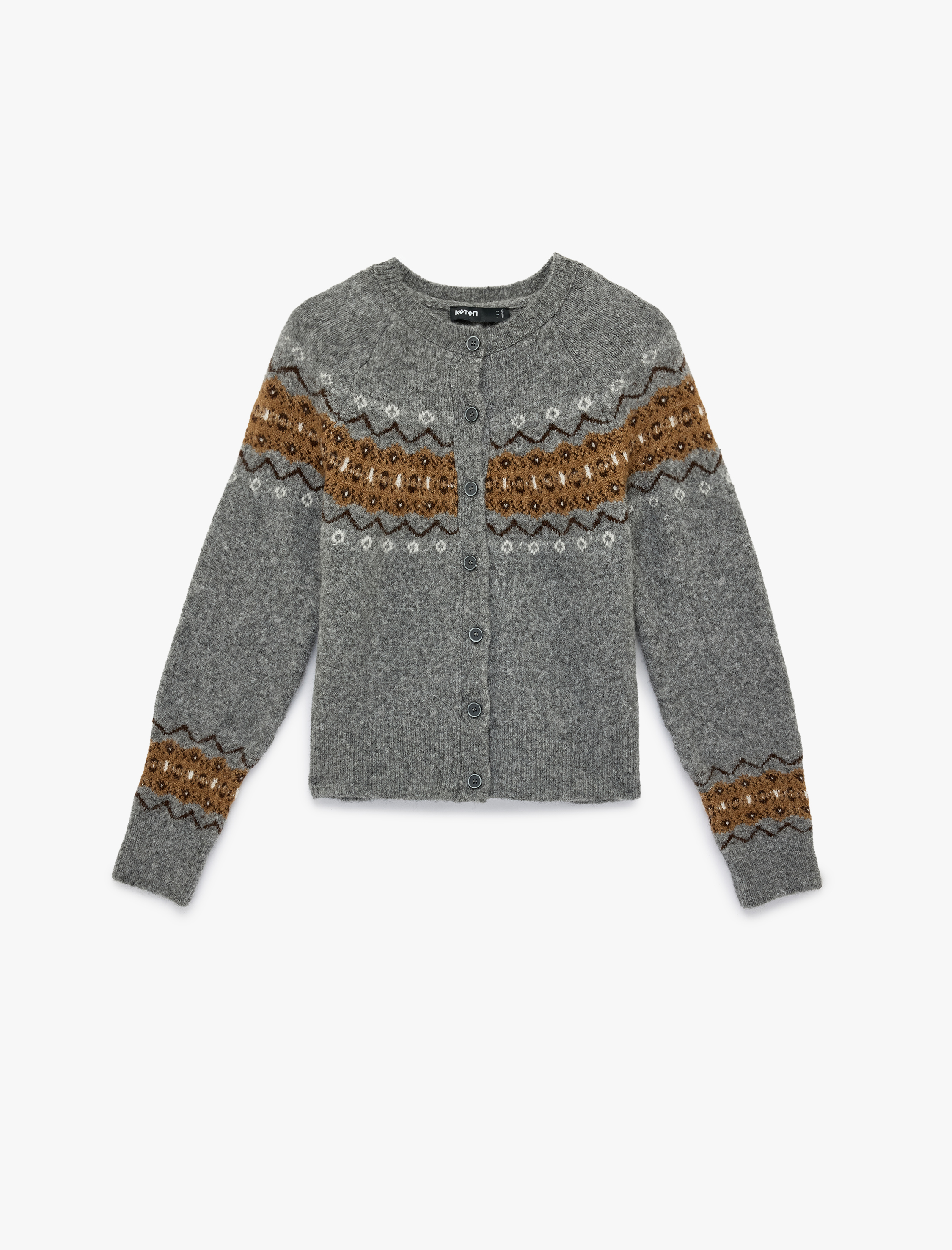   Uzun Kollu Bisiklet Yaka Etnik Desenli Triko Hırka