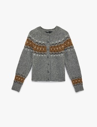 Uzun Kollu Bisiklet Yaka Etnik Desenli Triko Hırka