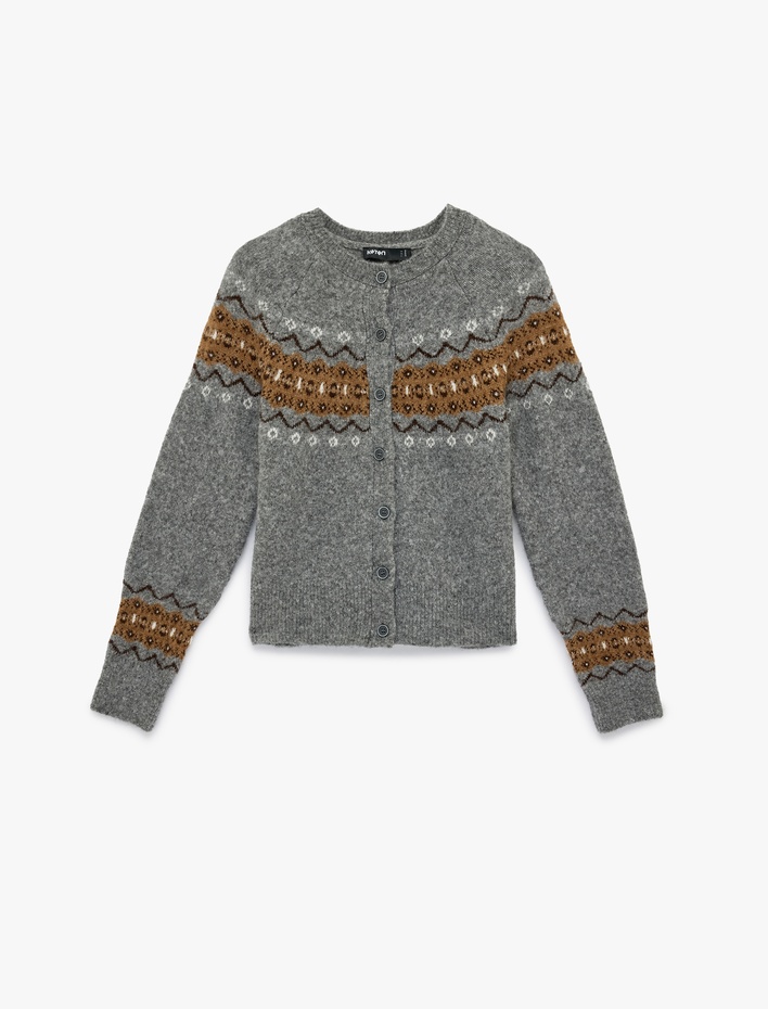  Uzun Kollu Bisiklet Yaka Etnik Desenli Triko Hırka