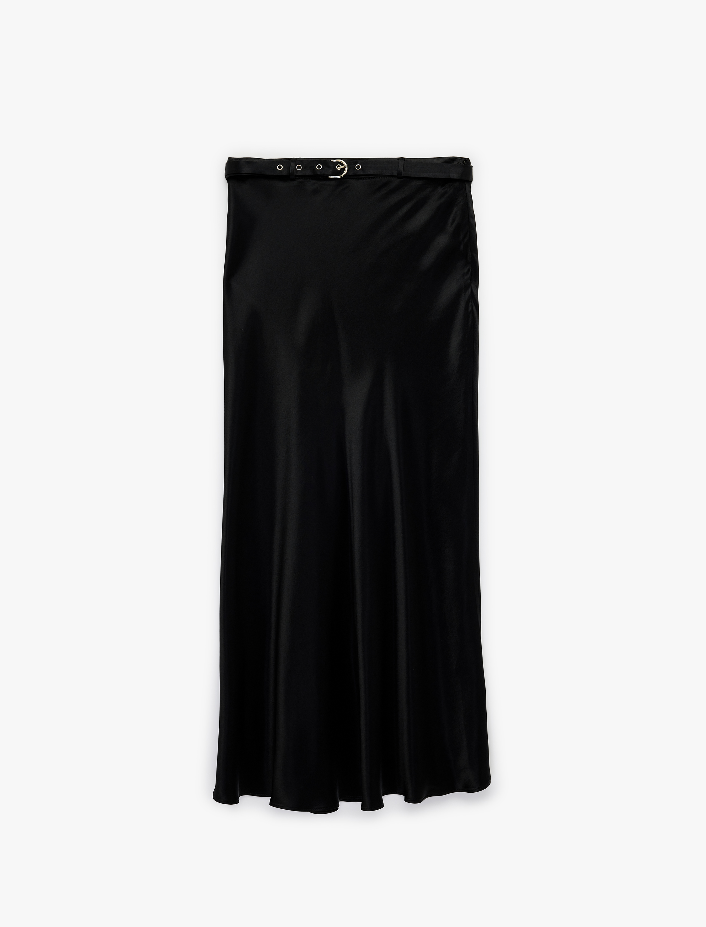   Viskon Kumaş Kemerli Midi Boy Saten Çan Etek