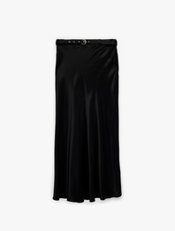 Viskon Kumaş Kemerli Midi Boy Saten Çan Etek