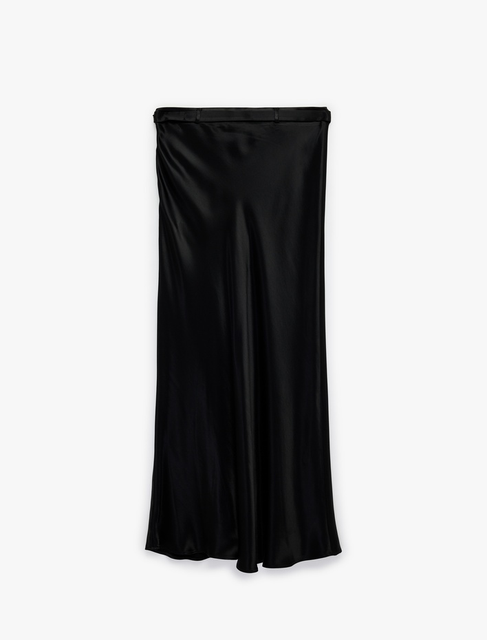  Viskon Kumaş Kemerli Midi Boy Saten Çan Etek